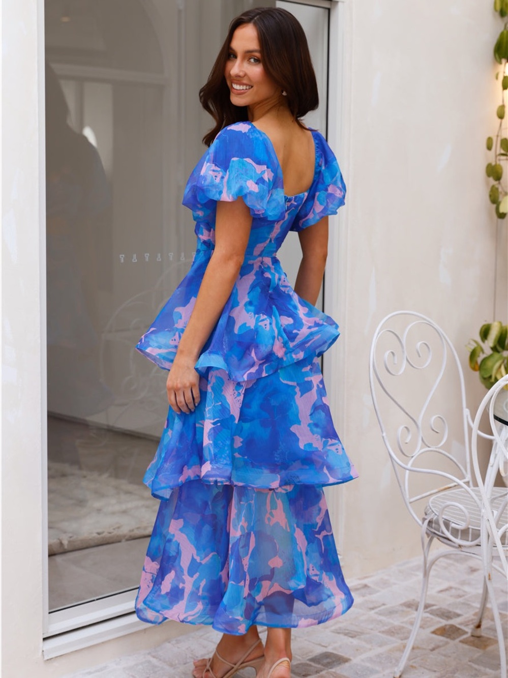 NWT Hello Molly Blue & Pink Organza Cutout Tiered Midi Dress | US 8 - Picture 3 of 16